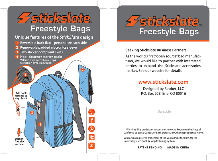 Packaging / Product Labels: “Stickslate Backpacks”